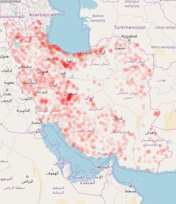 نقشه توزیع جغرافیایی شیوع کرونا در ایران ، نقاط پر رنگ تر نقشه توزیع جغرافیایی شیوع کرونا در ایران ، نقاط پر رنگ تر پرخطرترند ؛ سفر نکنید